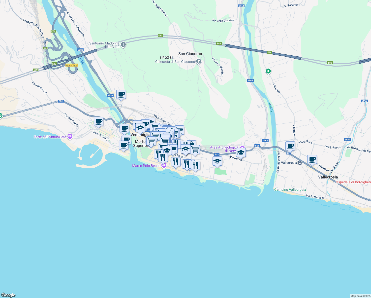 map of restaurants, bars, coffee shops, grocery stores, and more near 49 Via Sottoconvento in Ventimiglia