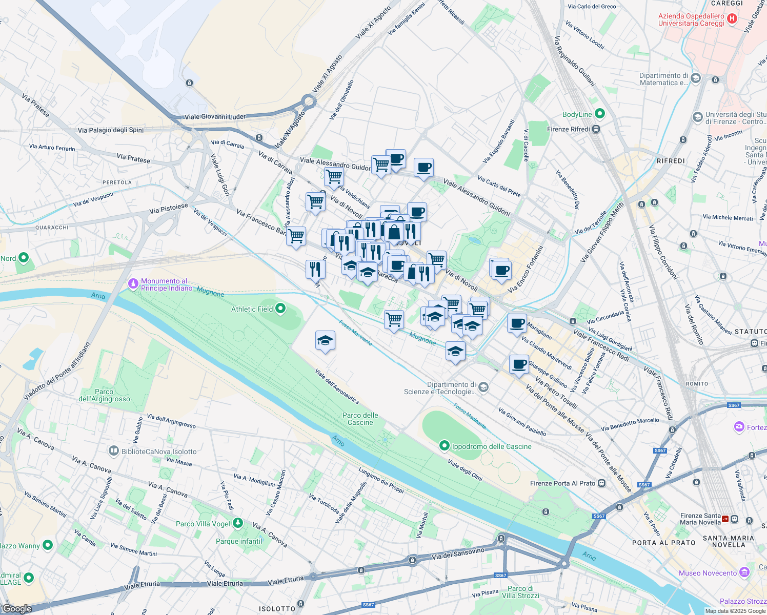 map of restaurants, bars, coffee shops, grocery stores, and more near Via Mario Castelnuovo Tedesco in Firenze