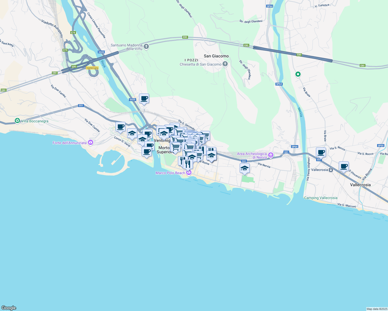map of restaurants, bars, coffee shops, grocery stores, and more near 4 Via Asse in Ventimiglia