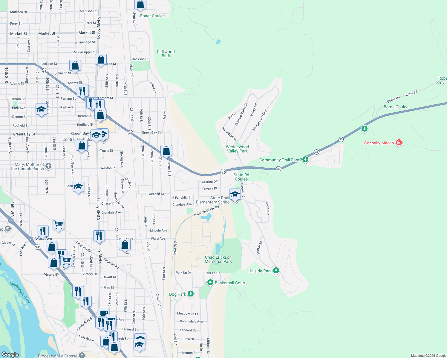 map of restaurants, bars, coffee shops, grocery stores, and more near 2219 Hiawatha Avenue in La Crosse
