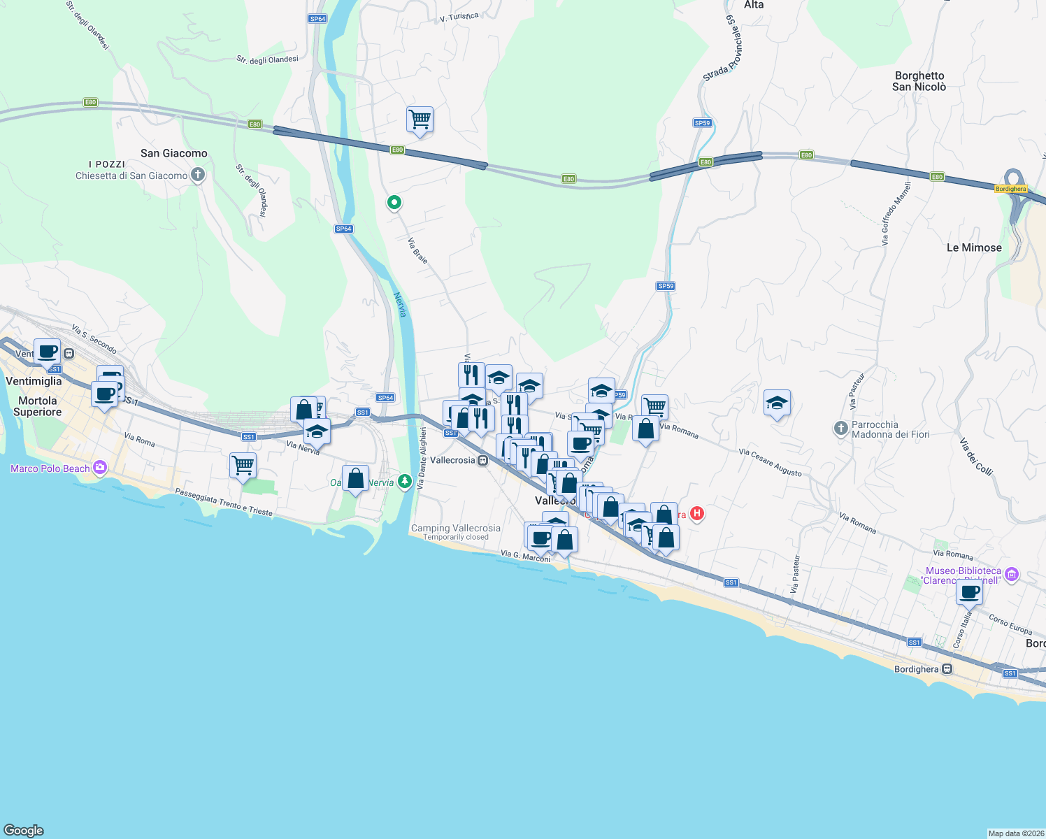 map of restaurants, bars, coffee shops, grocery stores, and more near 160 Via Papa Giovanni XXIII in Vallecrosia