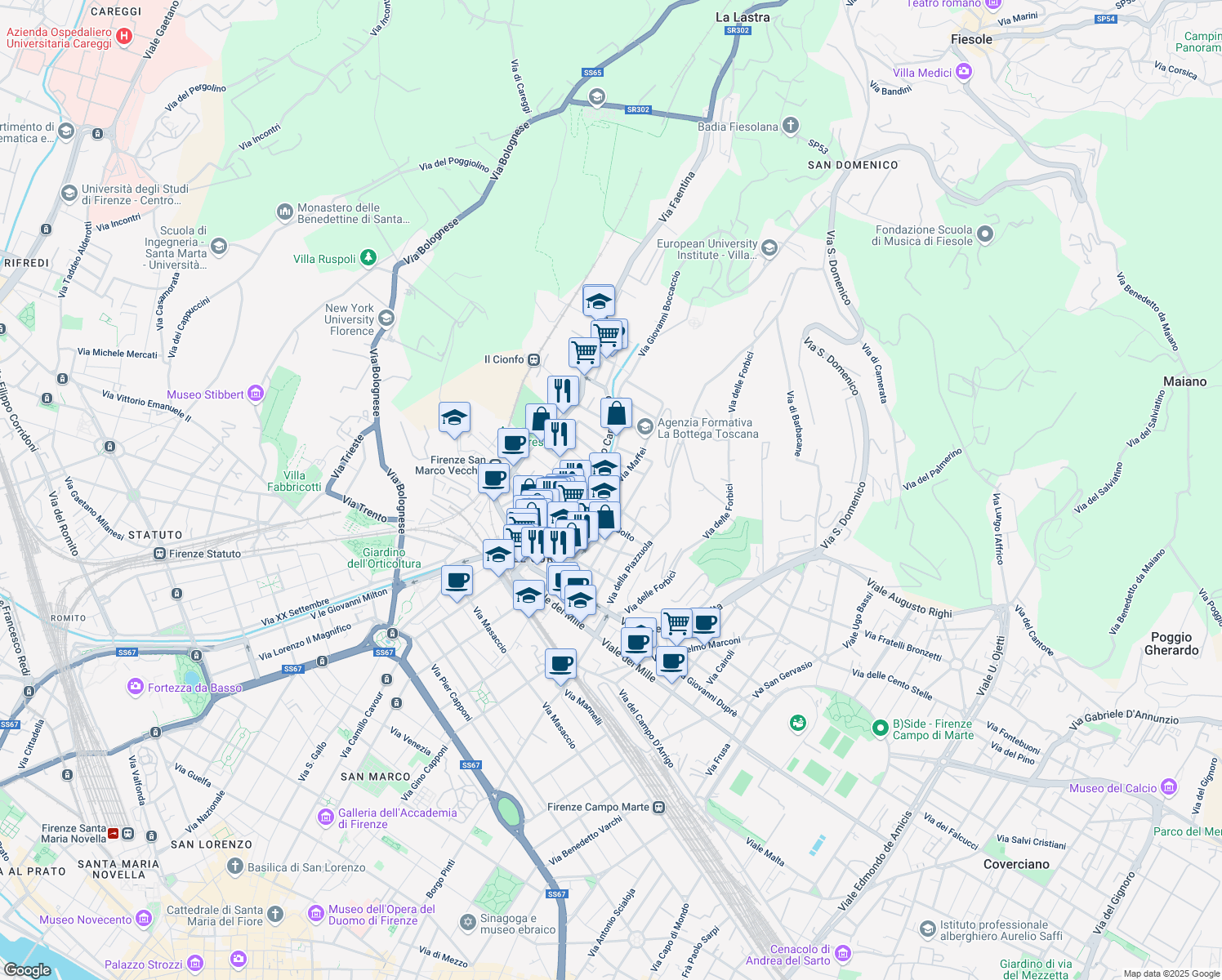map of restaurants, bars, coffee shops, grocery stores, and more near 47 Via Maffei in Firenze