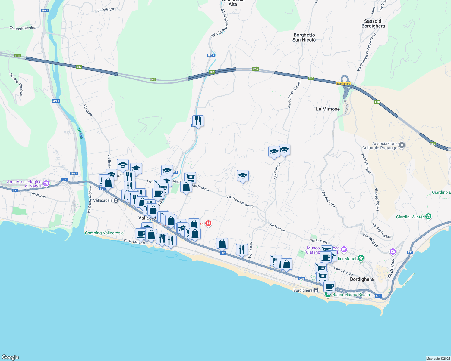 map of restaurants, bars, coffee shops, grocery stores, and more near 17 Via Conca Verde in Vallecrosia