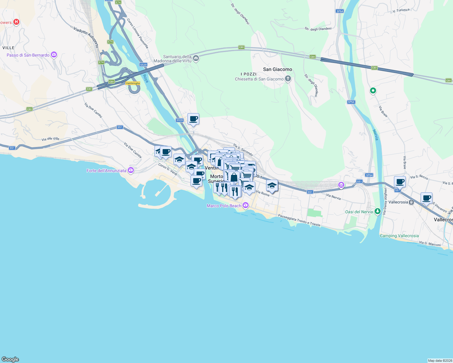 map of restaurants, bars, coffee shops, grocery stores, and more near 13 Via Vittorio Veneto in Ventimiglia
