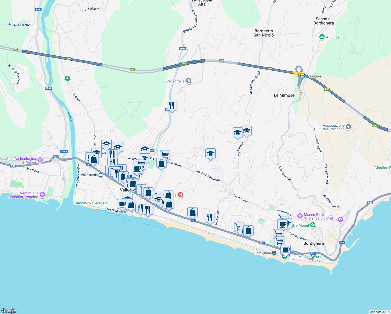 map of restaurants, bars, coffee shops, grocery stores, and more near 17 Via Conca Verde in Vallecrosia