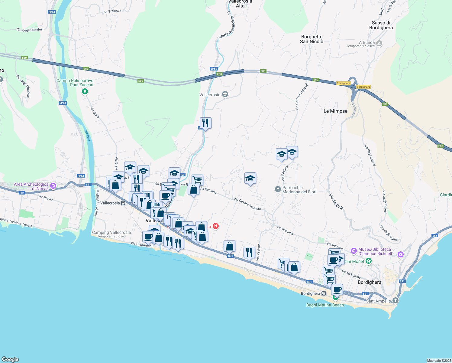 map of restaurants, bars, coffee shops, grocery stores, and more near 17 Via Conca Verde in Vallecrosia