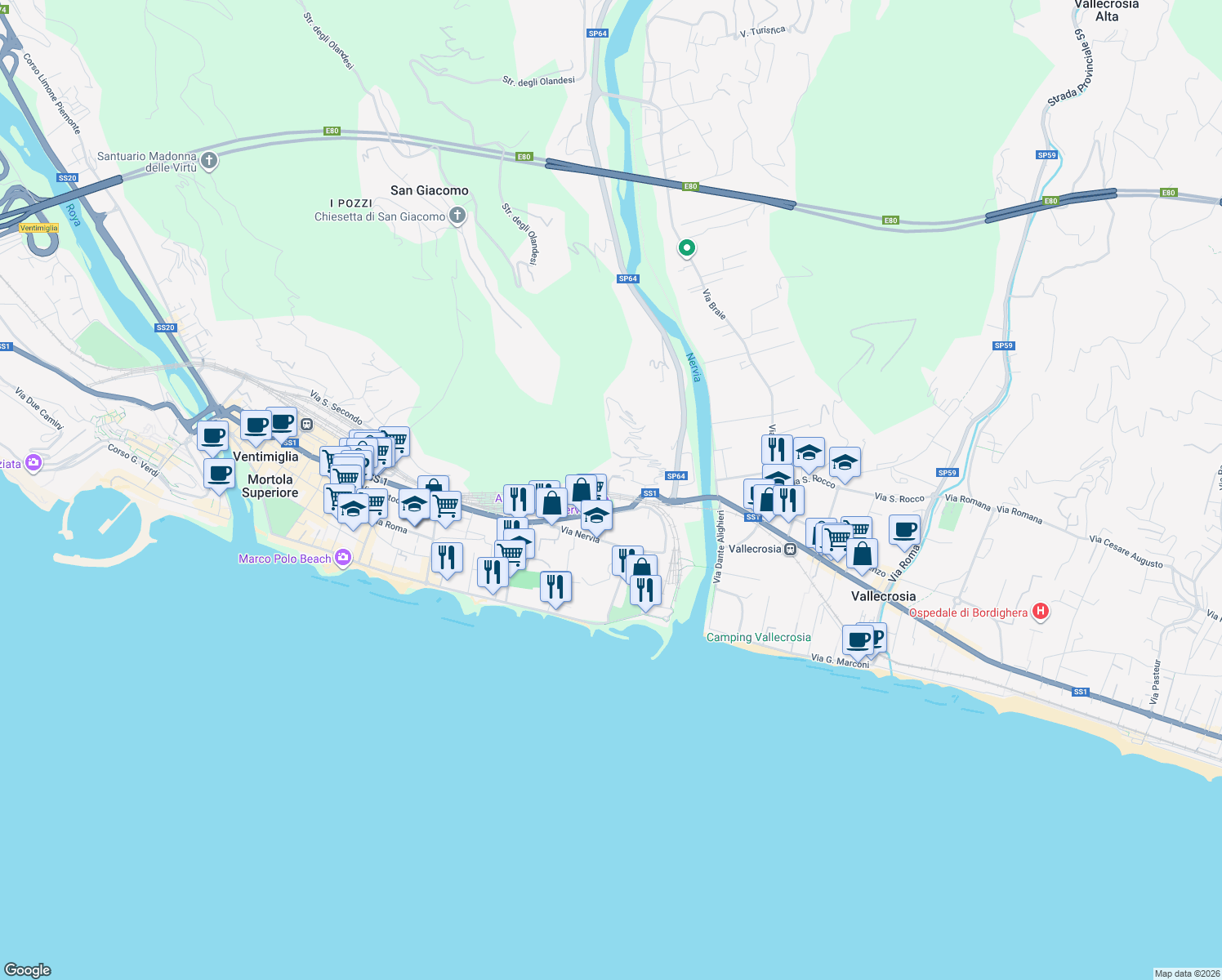 map of restaurants, bars, coffee shops, grocery stores, and more near 2 Via M. E. Basso in Ventimiglia