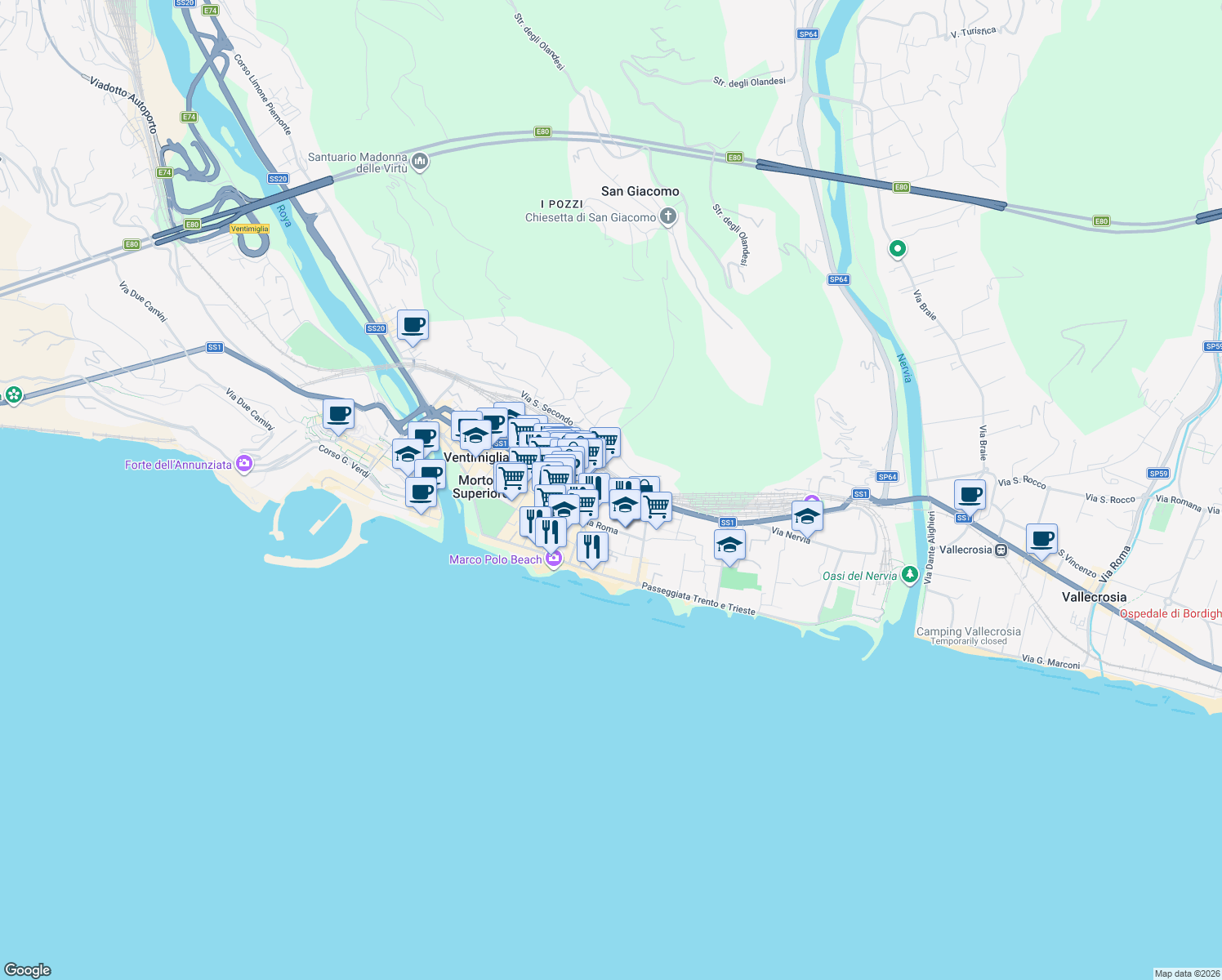 map of restaurants, bars, coffee shops, grocery stores, and more near 55 Via Roma in Ventimiglia