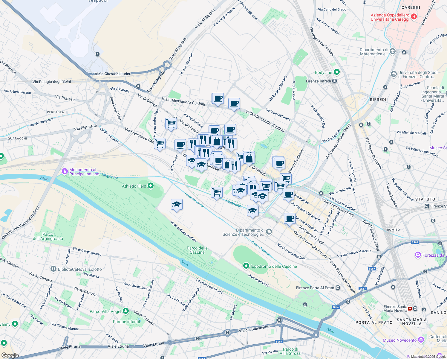 map of restaurants, bars, coffee shops, grocery stores, and more near 23056 Via Mario Castelnuovo Tedesco in Firenze