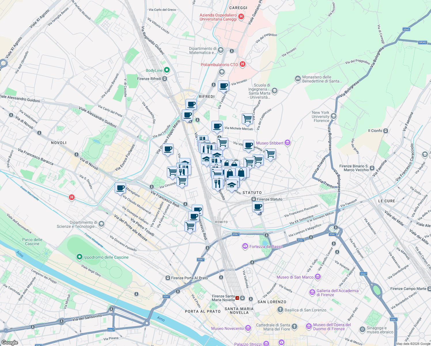 map of restaurants, bars, coffee shops, grocery stores, and more near in Firenze