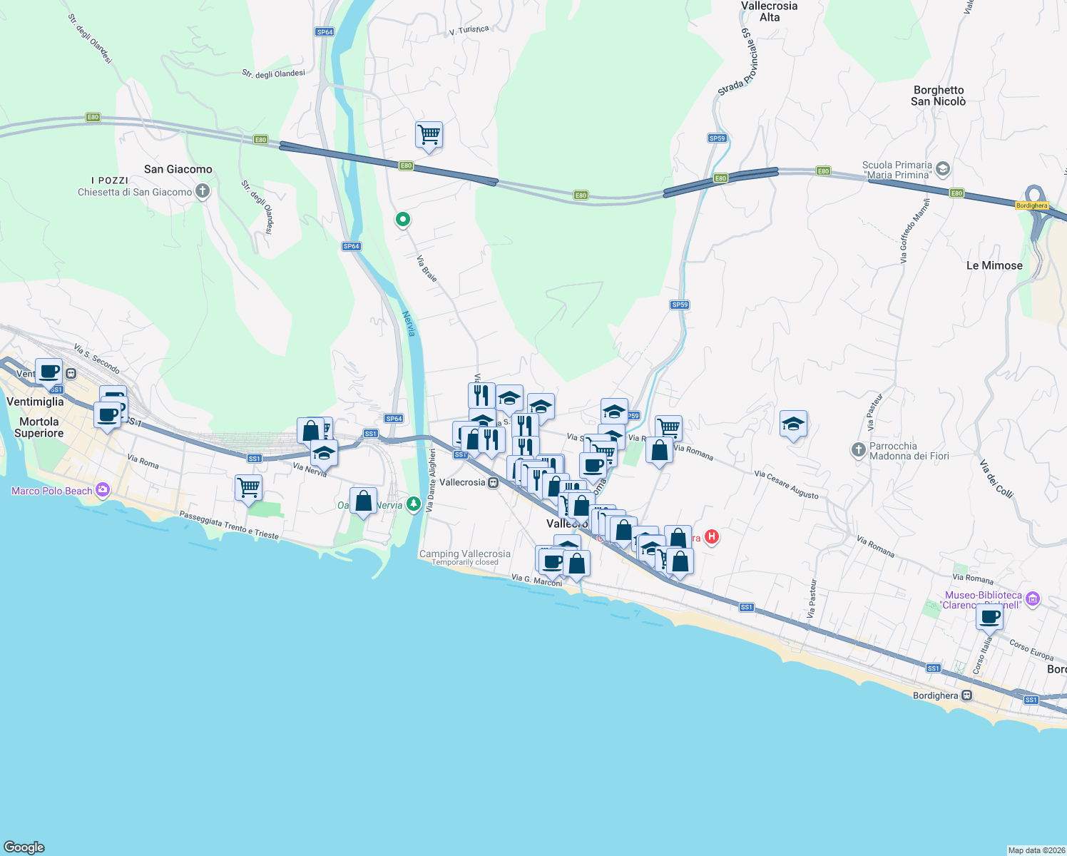 map of restaurants, bars, coffee shops, grocery stores, and more near 160 Via Papa Giovanni XXIII in Vallecrosia