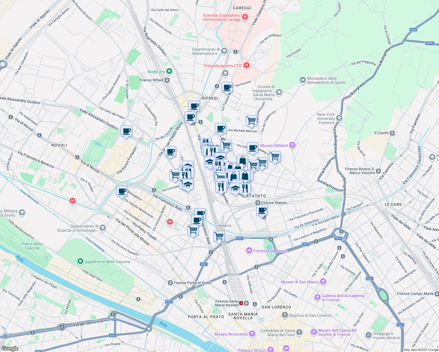 map of restaurants, bars, coffee shops, grocery stores, and more near in Firenze