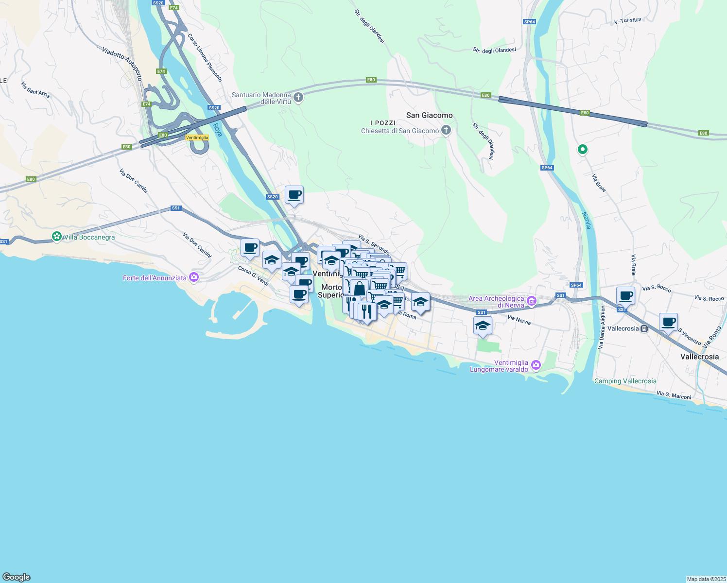 map of restaurants, bars, coffee shops, grocery stores, and more near 7 Via Fondega in Ventimiglia