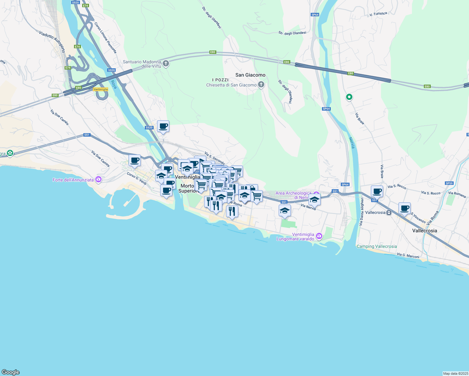 map of restaurants, bars, coffee shops, grocery stores, and more near 55 Via Roma in Ventimiglia