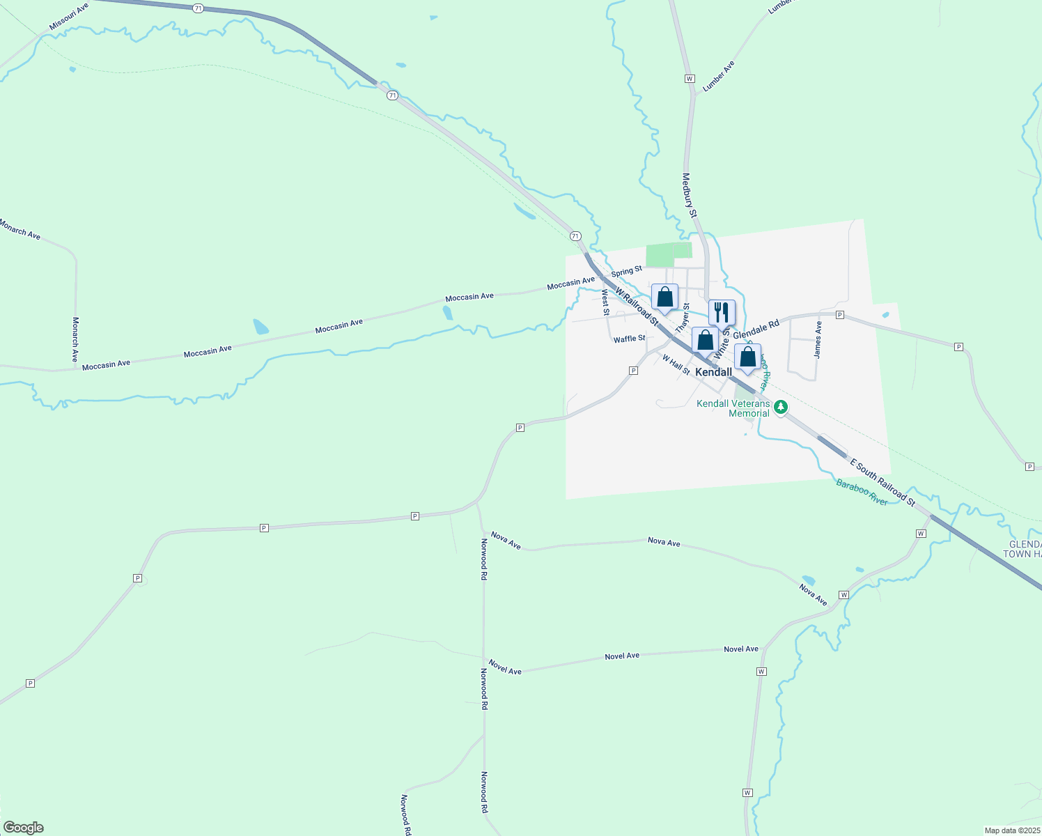 map of restaurants, bars, coffee shops, grocery stores, and more near 30684 County Highway P in Kendall