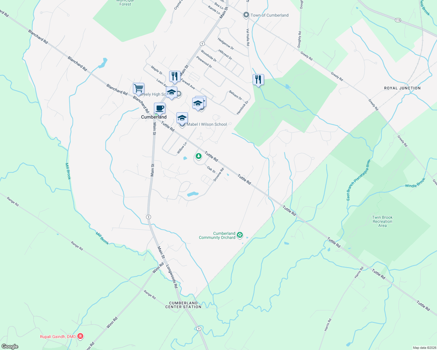 map of restaurants, bars, coffee shops, grocery stores, and more near 12 Drowne Road in Cumberland