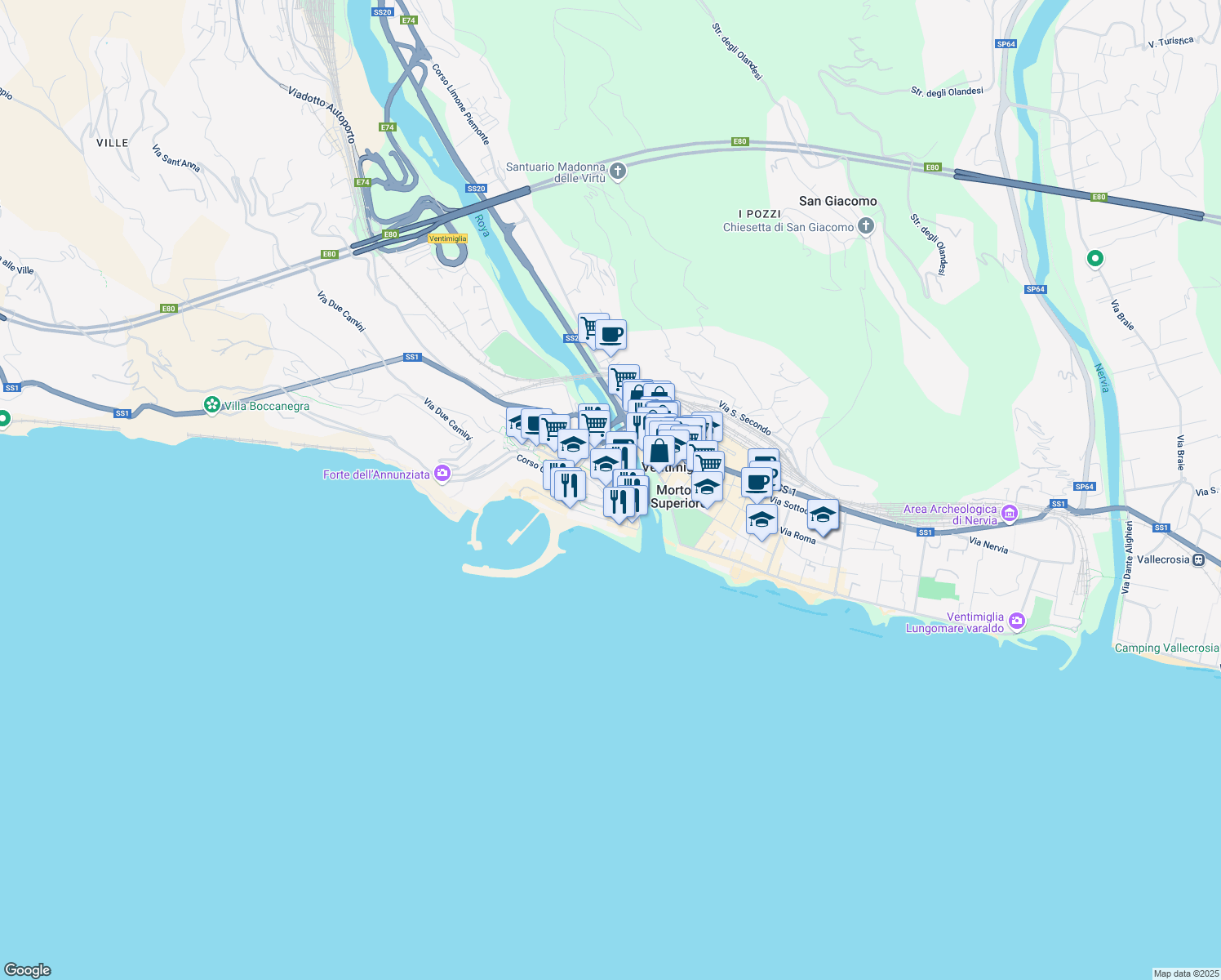 map of restaurants, bars, coffee shops, grocery stores, and more near 10 Via al Capo in Ventimiglia