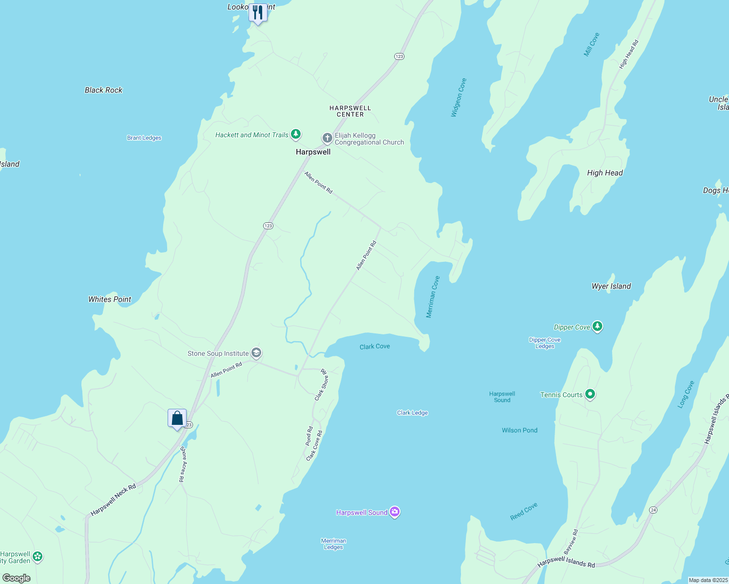 map of restaurants, bars, coffee shops, grocery stores, and more near 22 Morse Shore Road in Harpswell