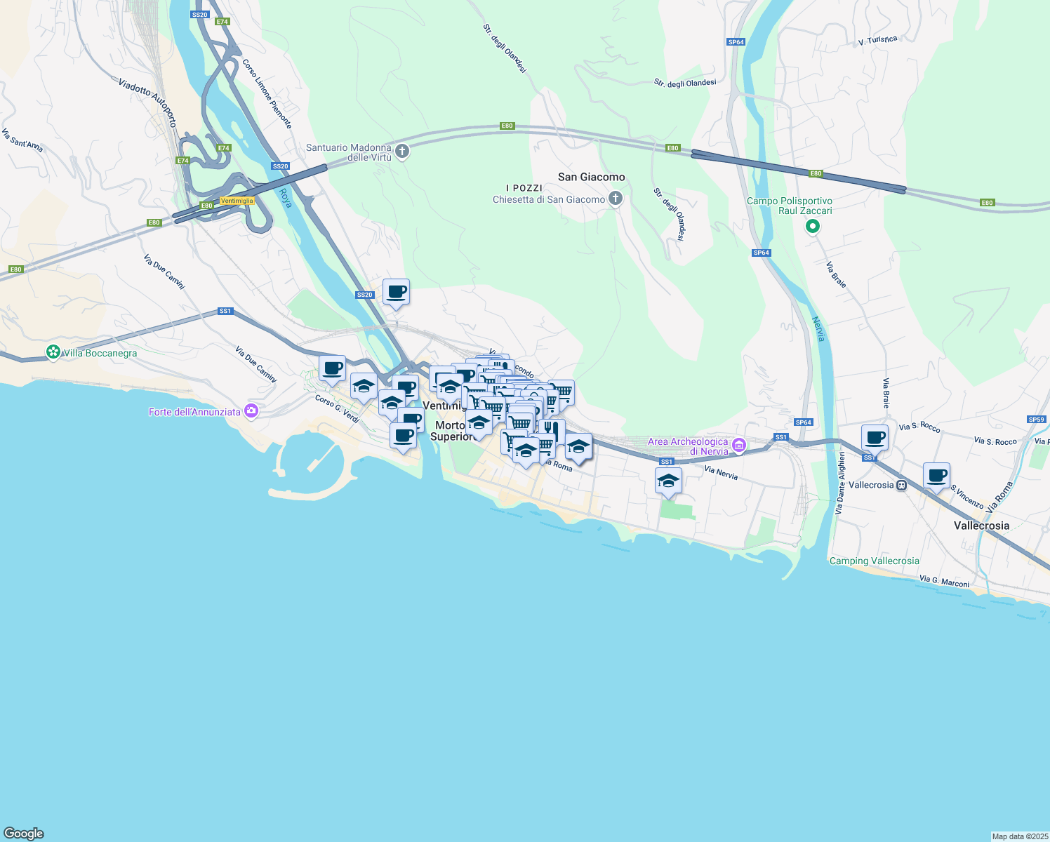 map of restaurants, bars, coffee shops, grocery stores, and more near 68 Via Camillo Benso Conte di Cavour in Ventimiglia