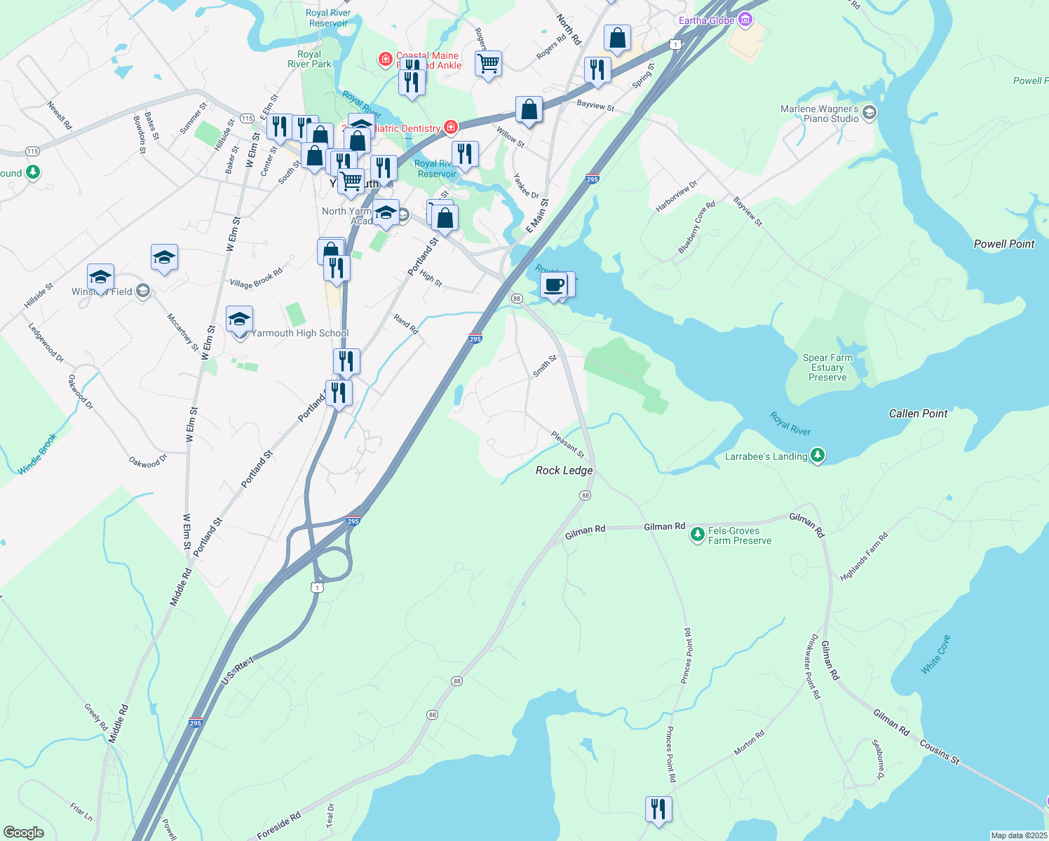 map of restaurants, bars, coffee shops, grocery stores, and more near 9 Goodings End in Yarmouth