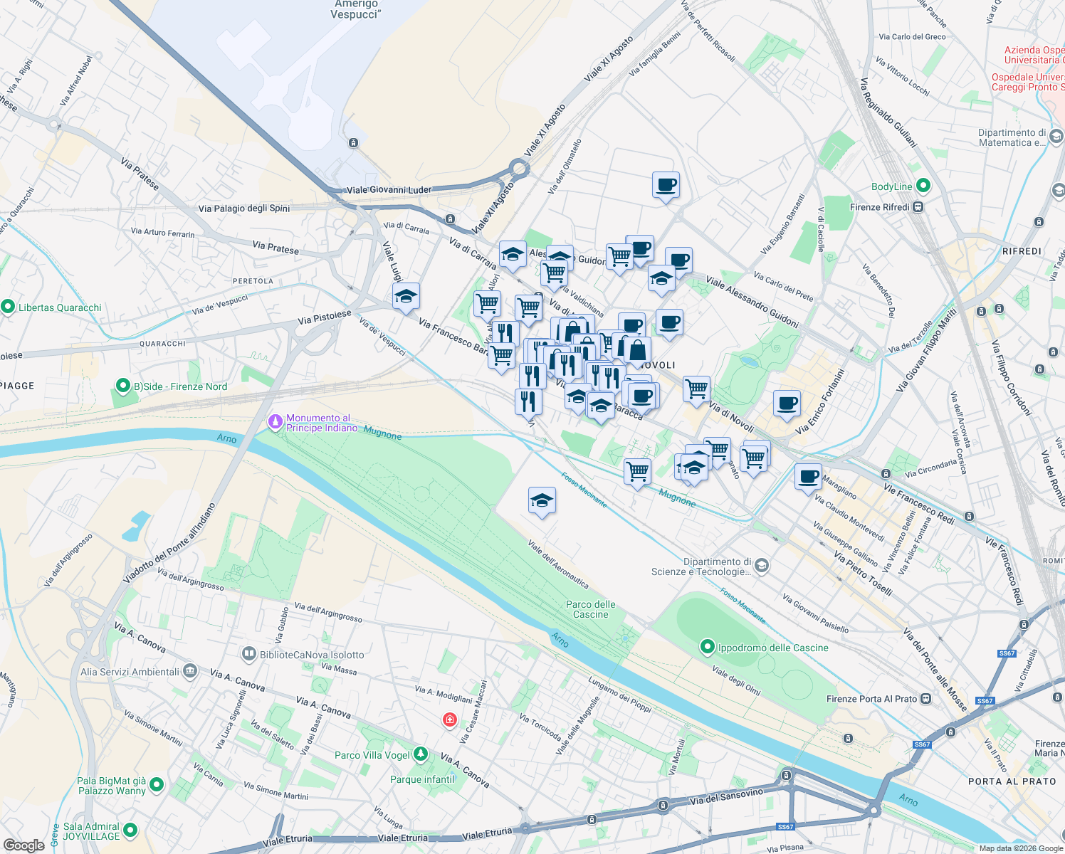 map of restaurants, bars, coffee shops, grocery stores, and more near 12 Via del Barco in Florence