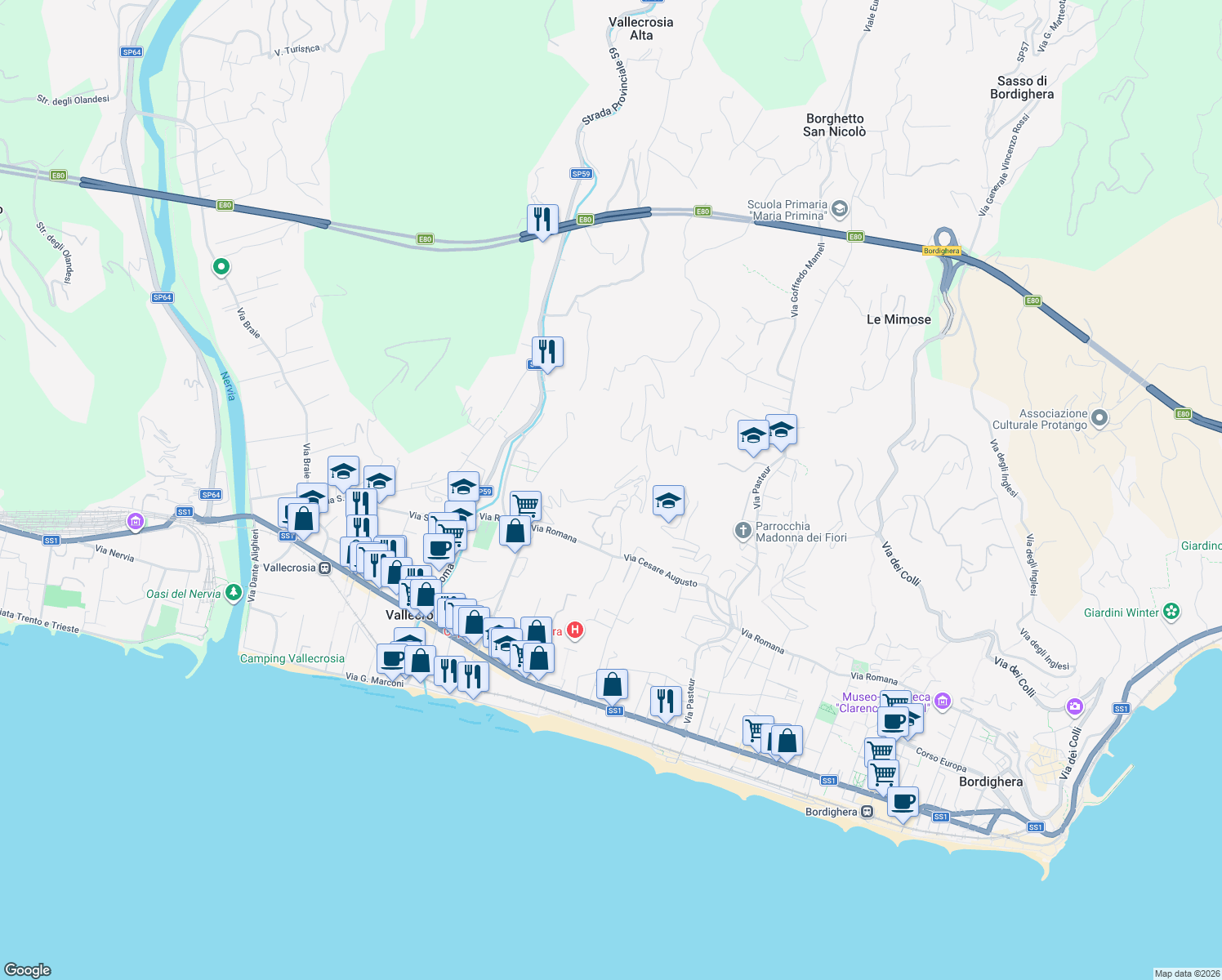 map of restaurants, bars, coffee shops, grocery stores, and more near 151 Via Privata Bellavista in Vallecrosia