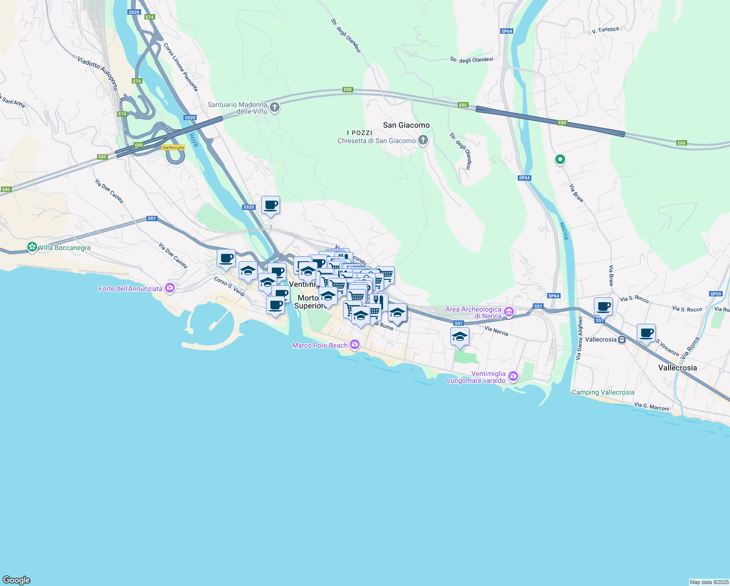 map of restaurants, bars, coffee shops, grocery stores, and more near 68 Via Camillo Benso Conte di Cavour in Ventimiglia