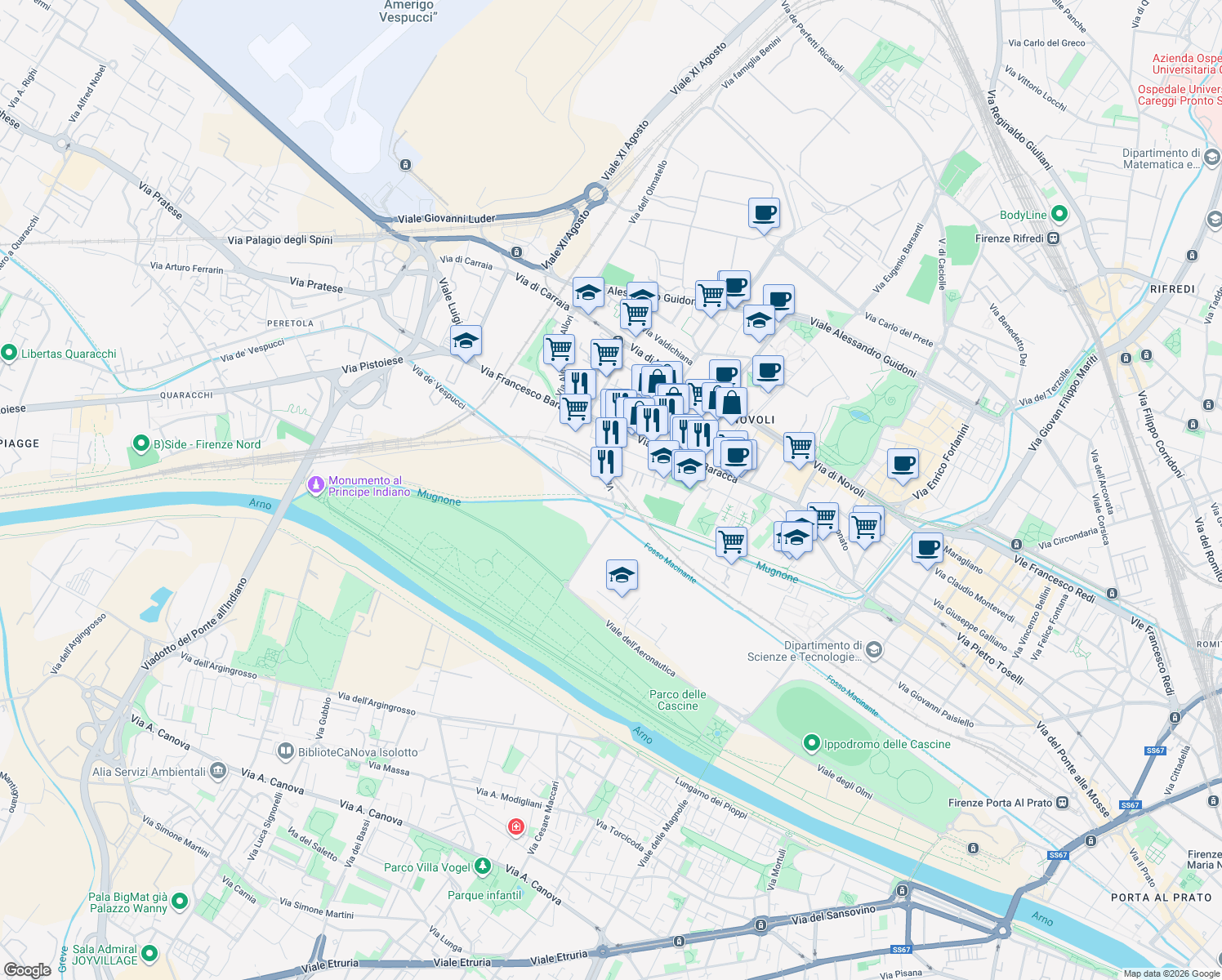 map of restaurants, bars, coffee shops, grocery stores, and more near 12 Via del Barco in Florence