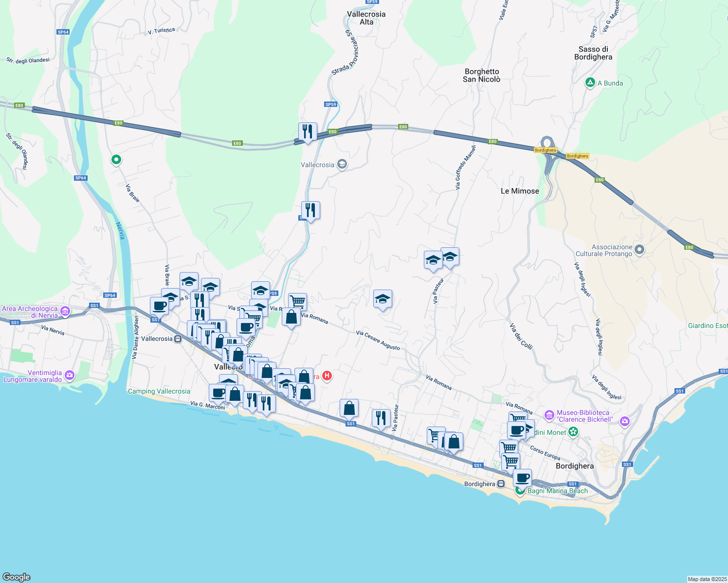 map of restaurants, bars, coffee shops, grocery stores, and more near 16 Via Conca Verde in Vallecrosia