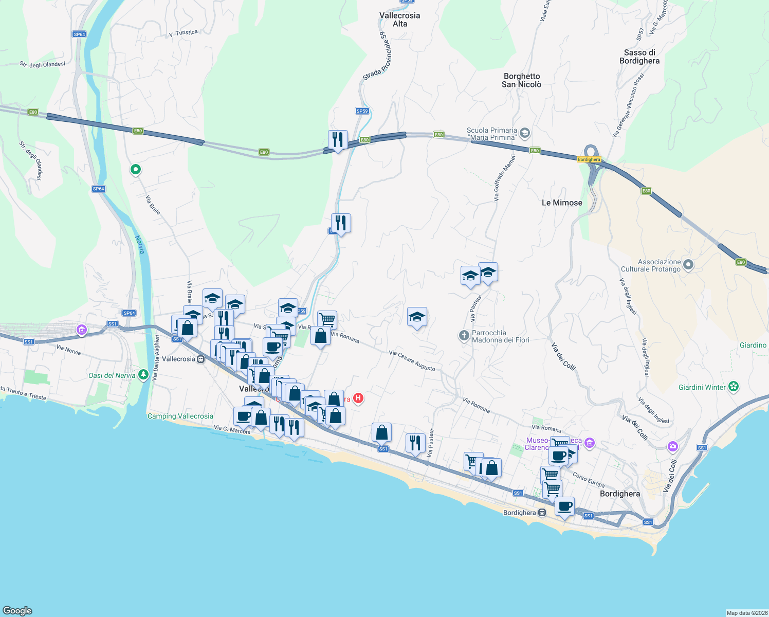 map of restaurants, bars, coffee shops, grocery stores, and more near 151 Via Privata Bellavista in Vallecrosia