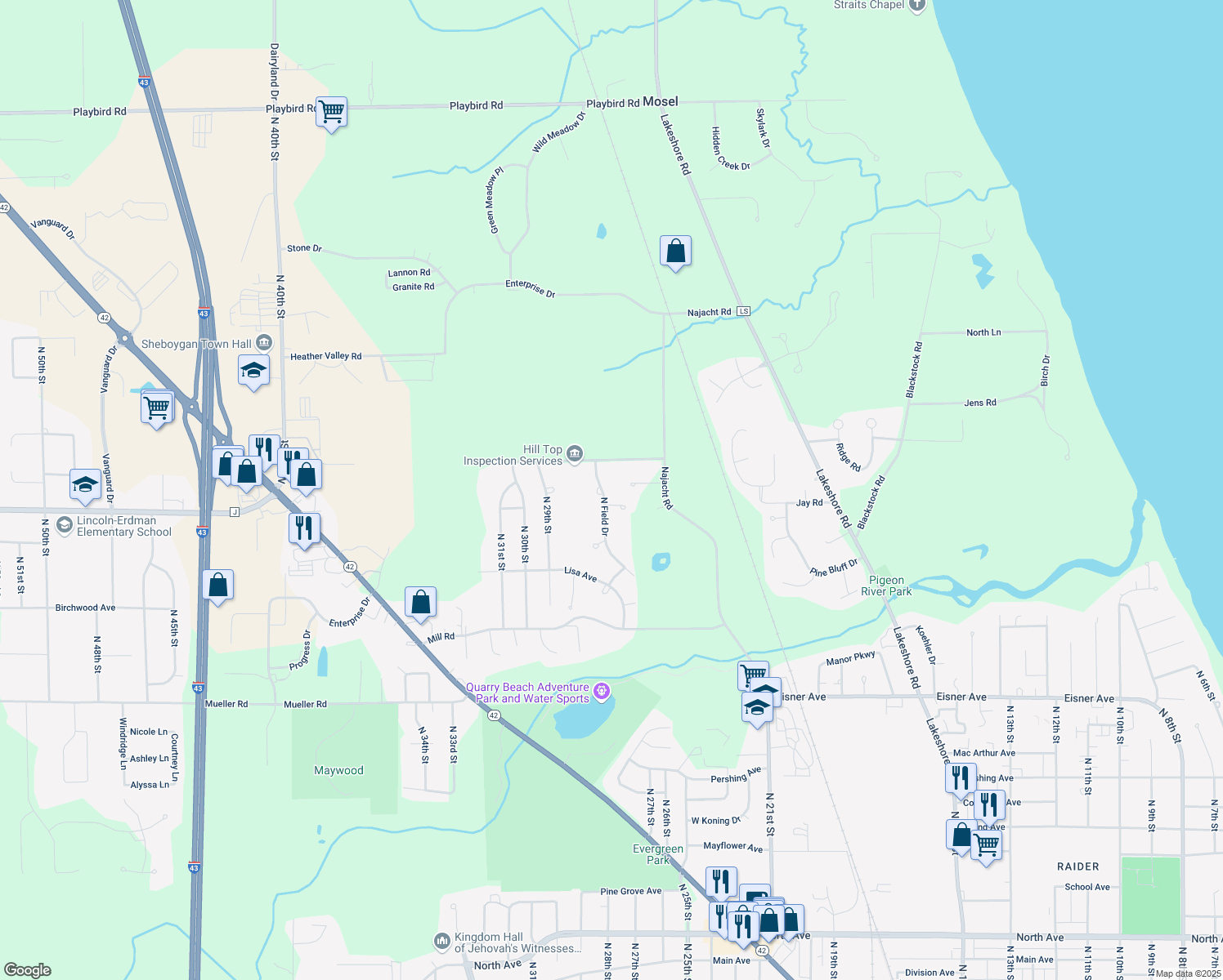 map of restaurants, bars, coffee shops, grocery stores, and more near 4215 N Field Dr in Sheboygan