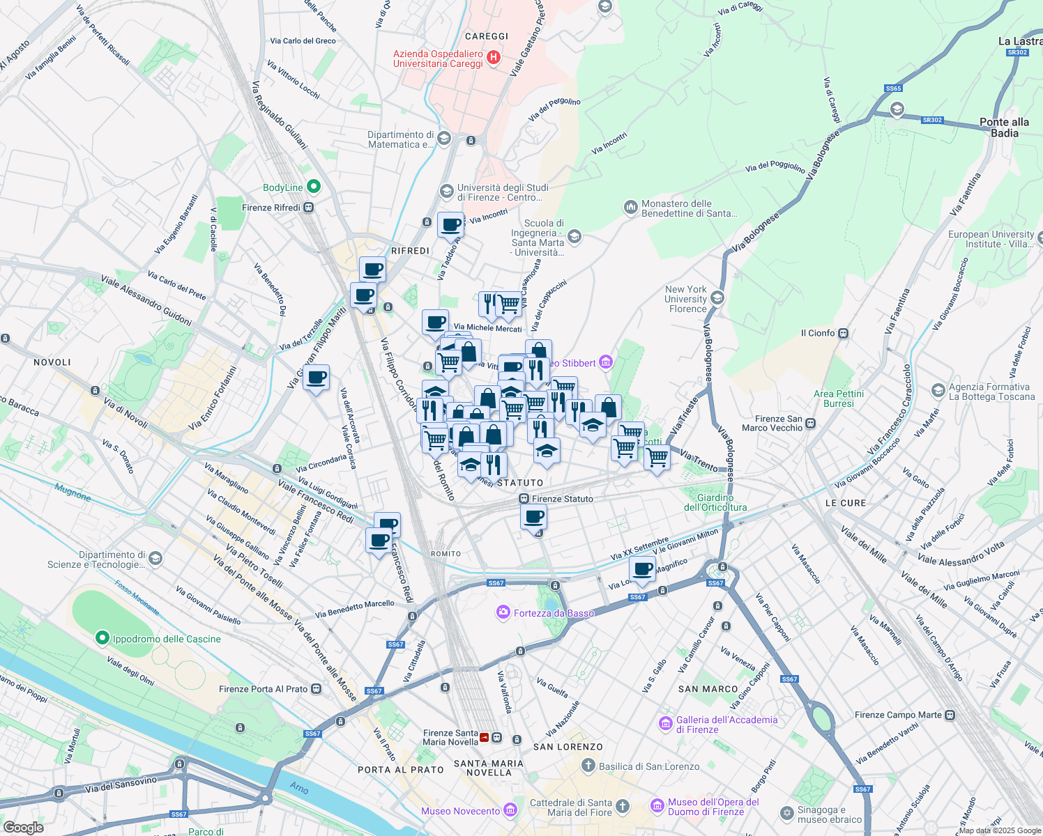map of restaurants, bars, coffee shops, grocery stores, and more near 10 Via Atto Vannucci in Florence