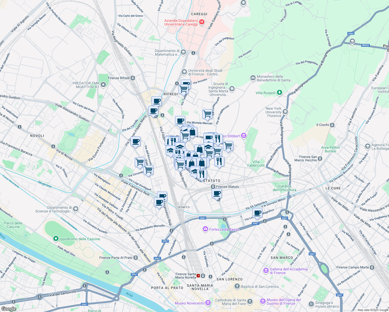 map of restaurants, bars, coffee shops, grocery stores, and more near 3 Piazza Pietro Leopoldo in Firenze
