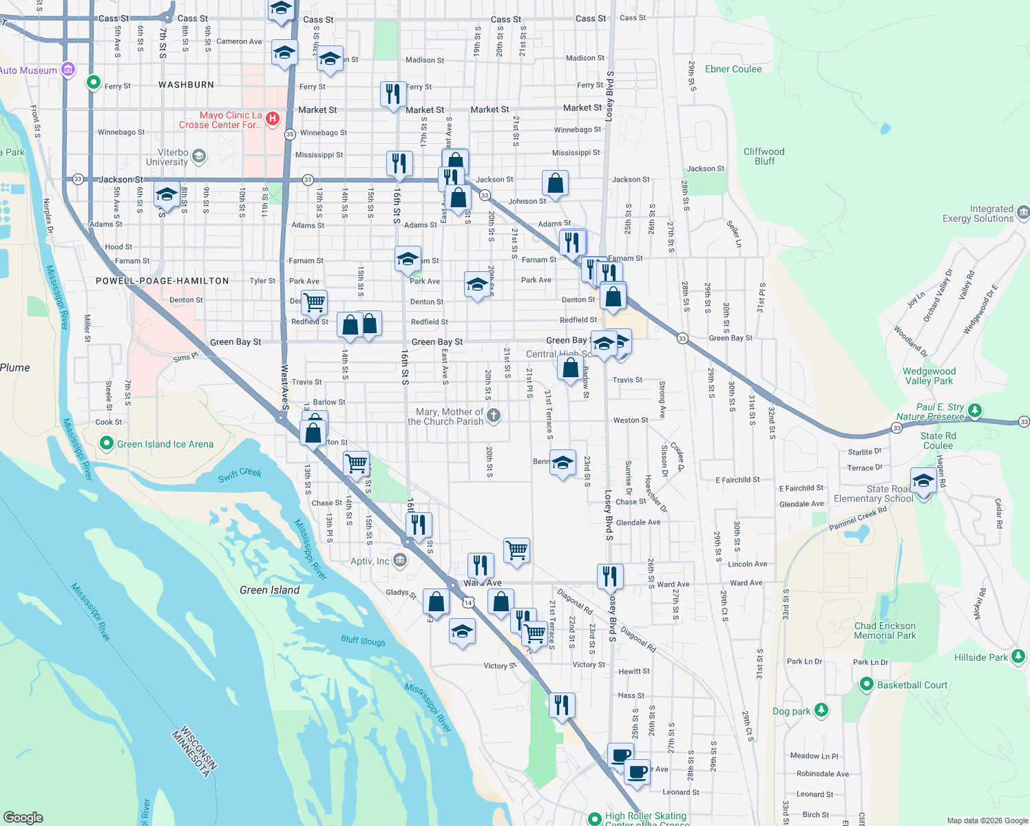 map of restaurants, bars, coffee shops, grocery stores, and more near 2017 21st Street South in La Crosse
