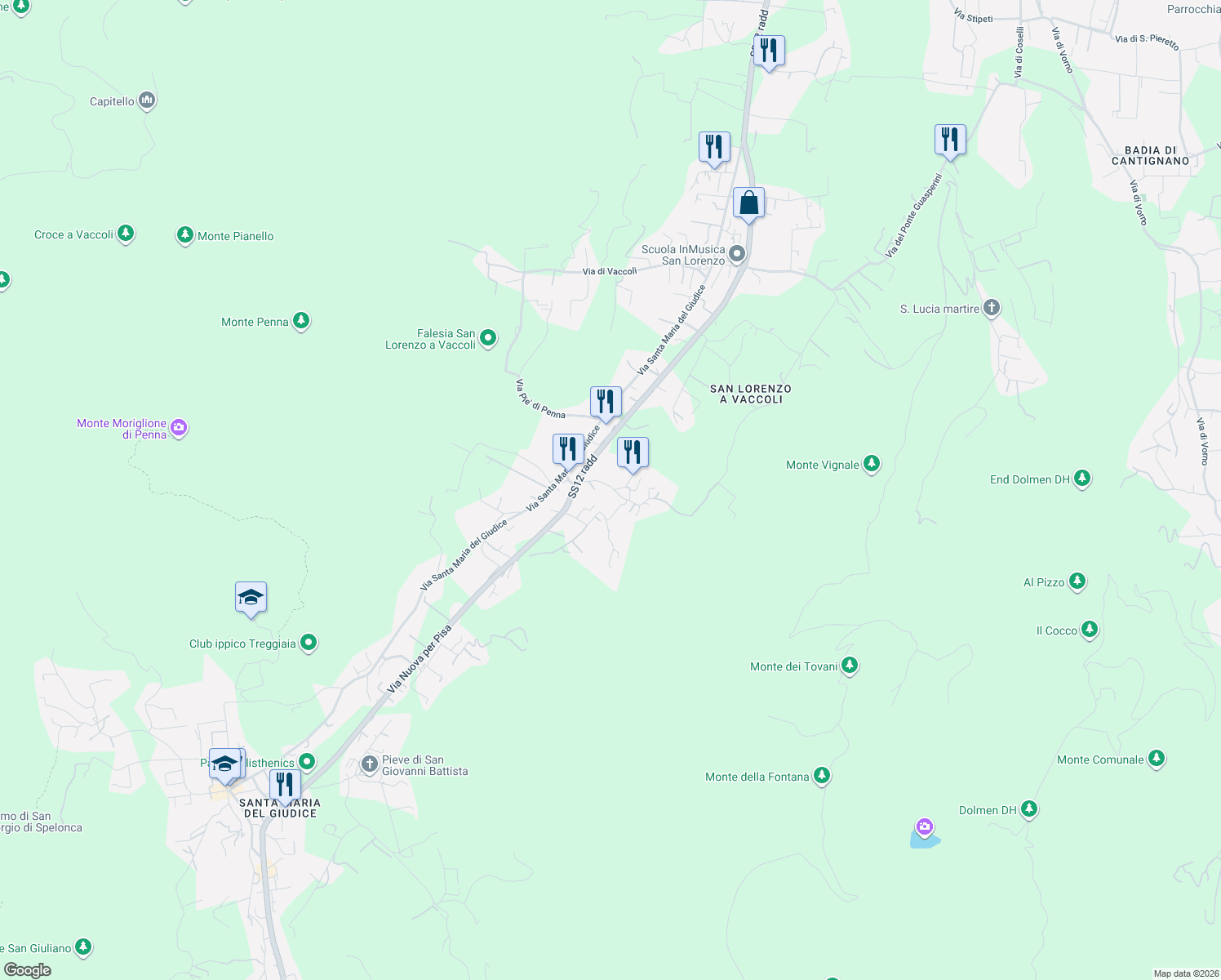 map of restaurants, bars, coffee shops, grocery stores, and more near 238 Via del Borgo in Lucca