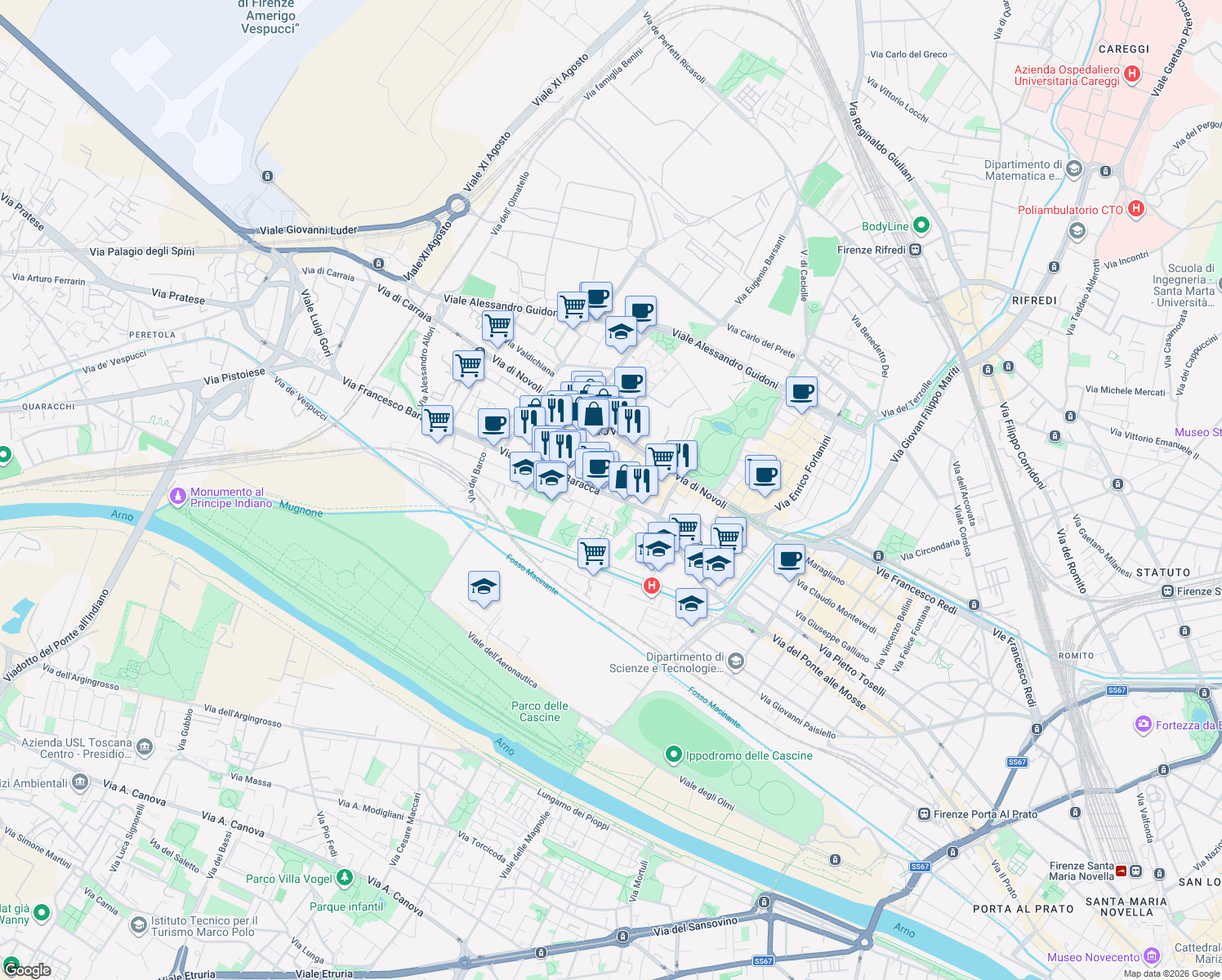 map of restaurants, bars, coffee shops, grocery stores, and more near 7 Via Mario Ulivelli in Florence