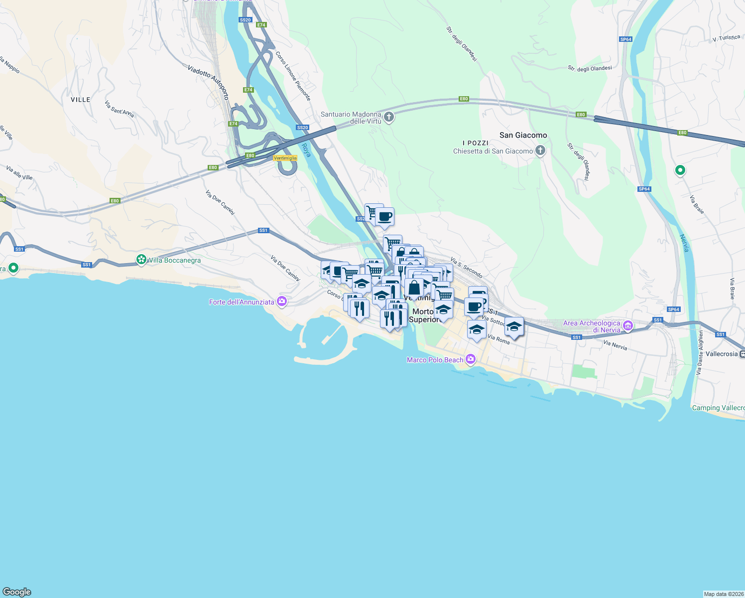 map of restaurants, bars, coffee shops, grocery stores, and more near 10 Via al Capo in Ventimiglia