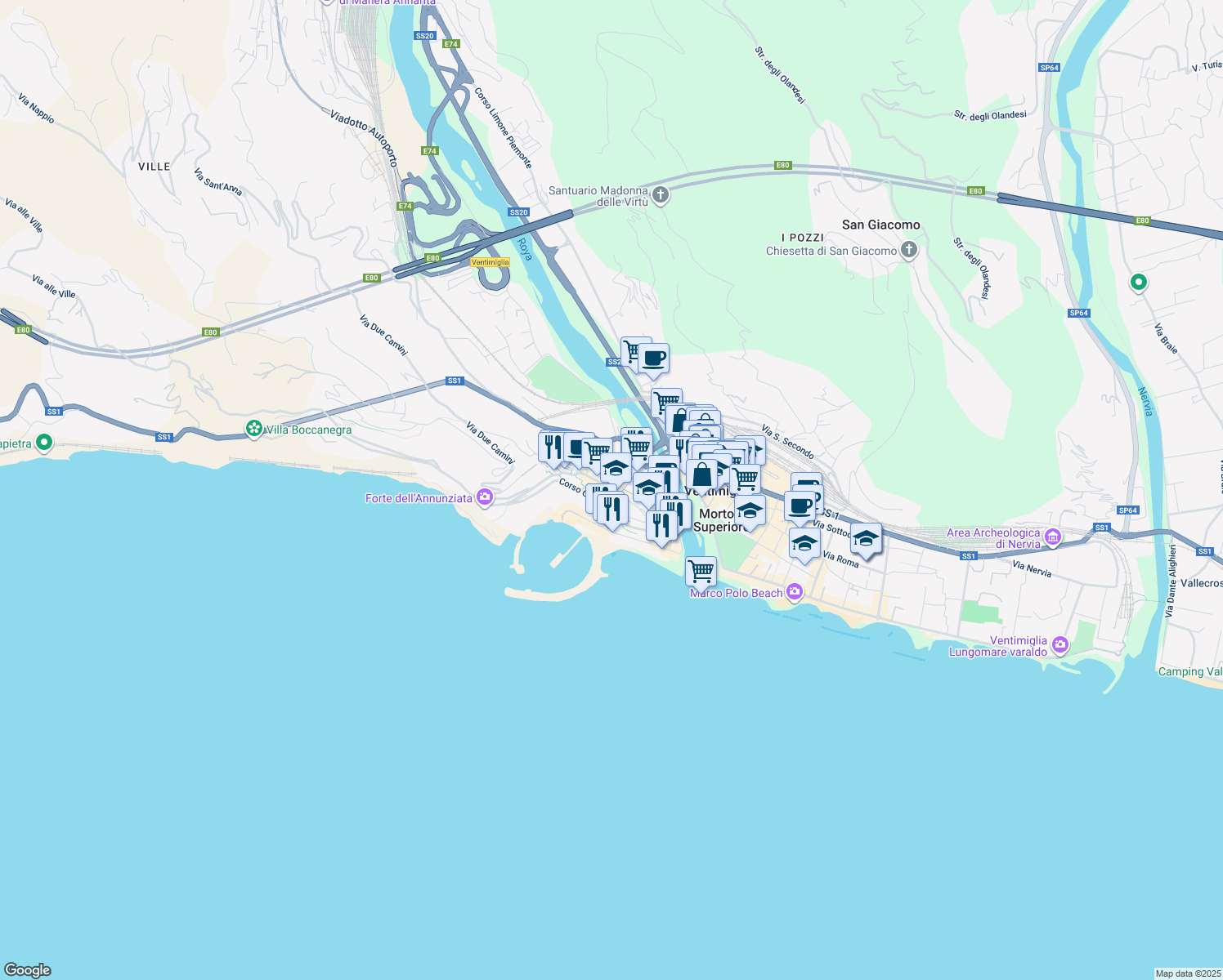 map of restaurants, bars, coffee shops, grocery stores, and more near 2 Via Porta Nuova in Ventimiglia