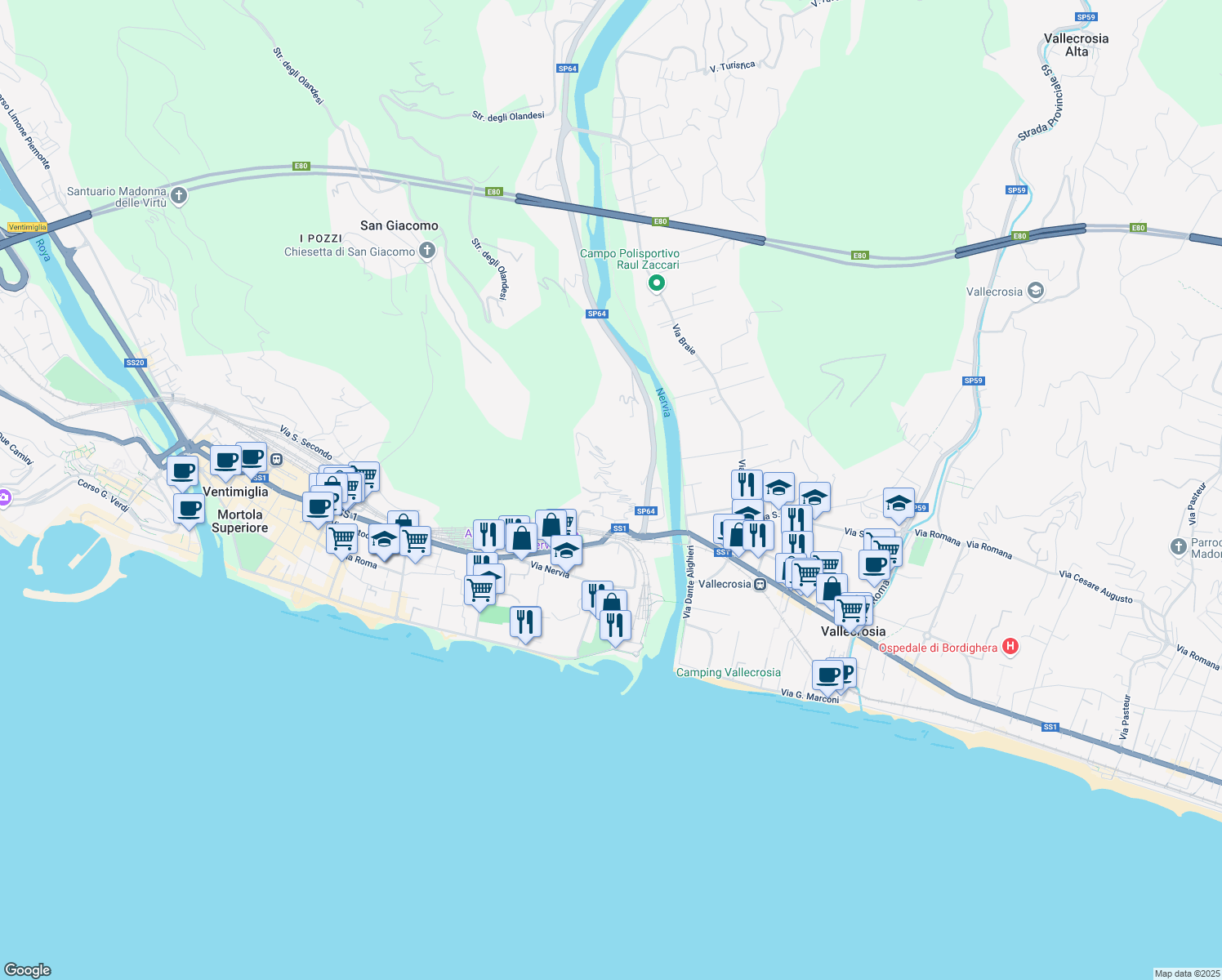 map of restaurants, bars, coffee shops, grocery stores, and more near 31 Via Collasgarba in Ventimiglia