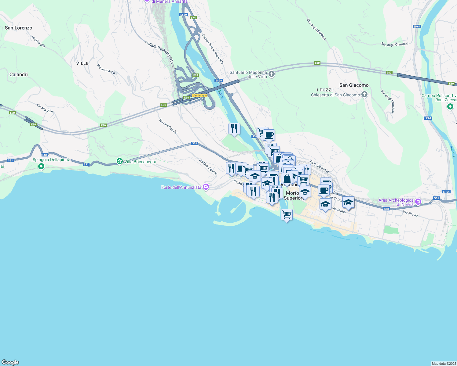 map of restaurants, bars, coffee shops, grocery stores, and more near Passeggio Funtanin in Ventimiglia