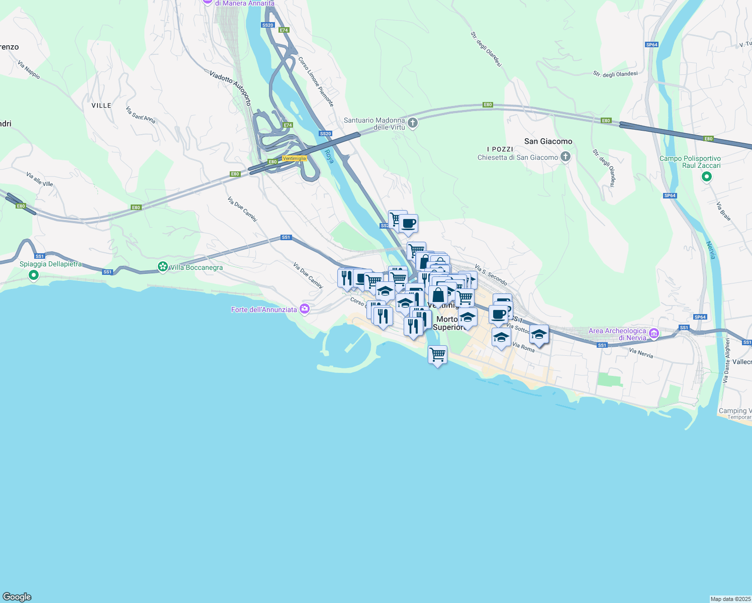 map of restaurants, bars, coffee shops, grocery stores, and more near 2 Via Porta Nuova in Ventimiglia