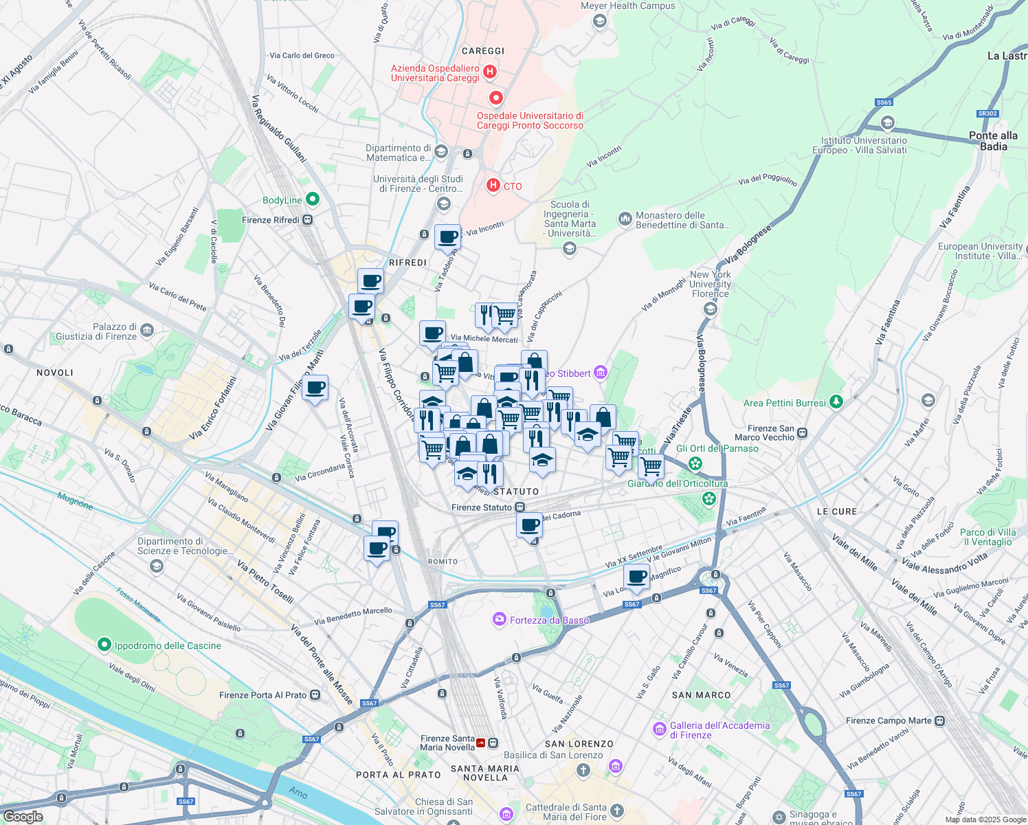 map of restaurants, bars, coffee shops, grocery stores, and more near 10 Via Atto Vannucci in Firenze