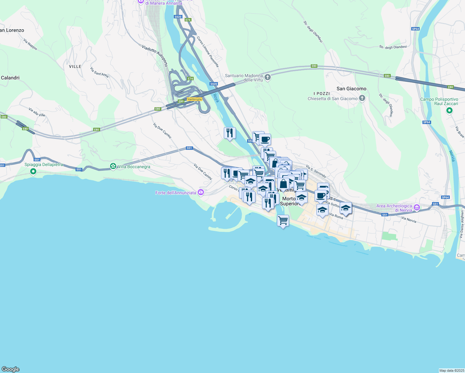 map of restaurants, bars, coffee shops, grocery stores, and more near Passeggio Funtanin in Ventimiglia