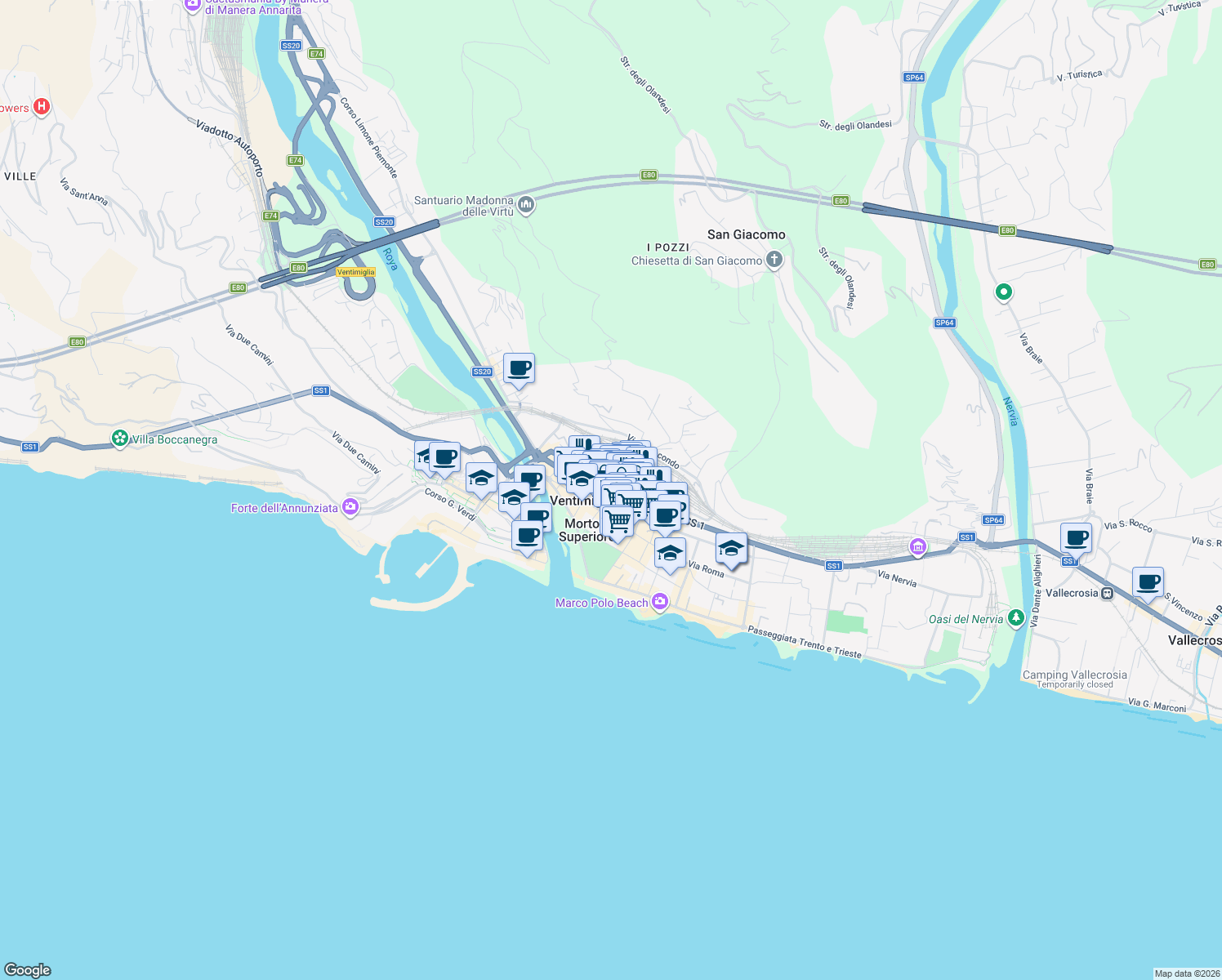 map of restaurants, bars, coffee shops, grocery stores, and more near 49 Via Camillo Benso Conte di Cavour in Ventimiglia