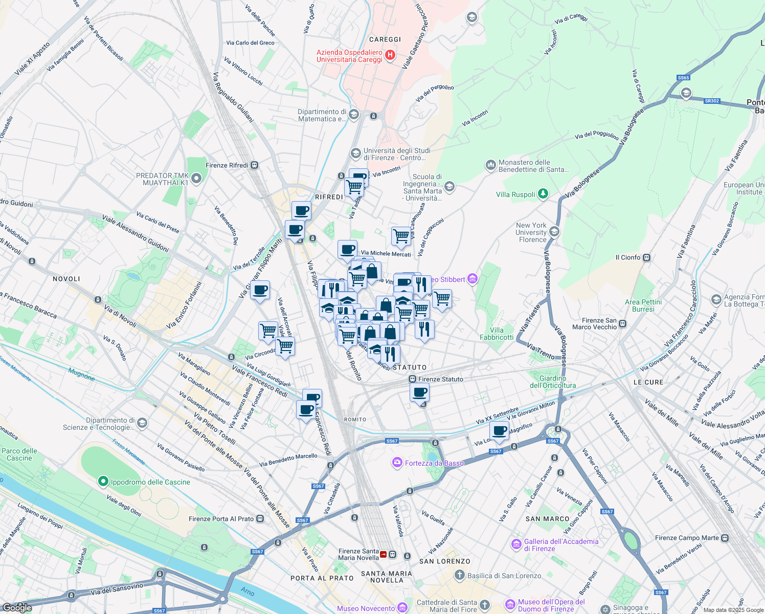 map of restaurants, bars, coffee shops, grocery stores, and more near 3 Piazza Pietro Leopoldo in Firenze
