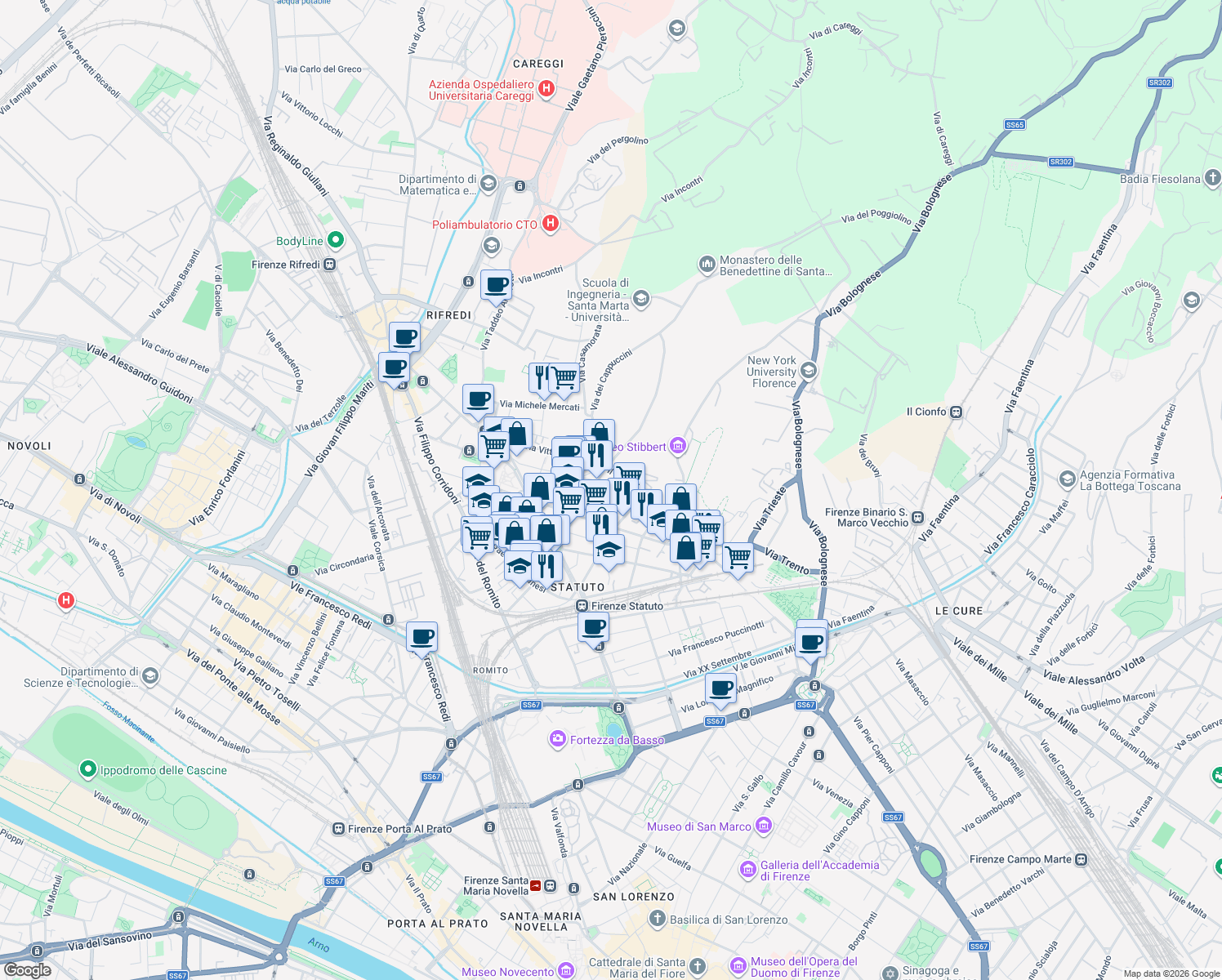 map of restaurants, bars, coffee shops, grocery stores, and more near 18 Via Alfredo Oriani in Firenze