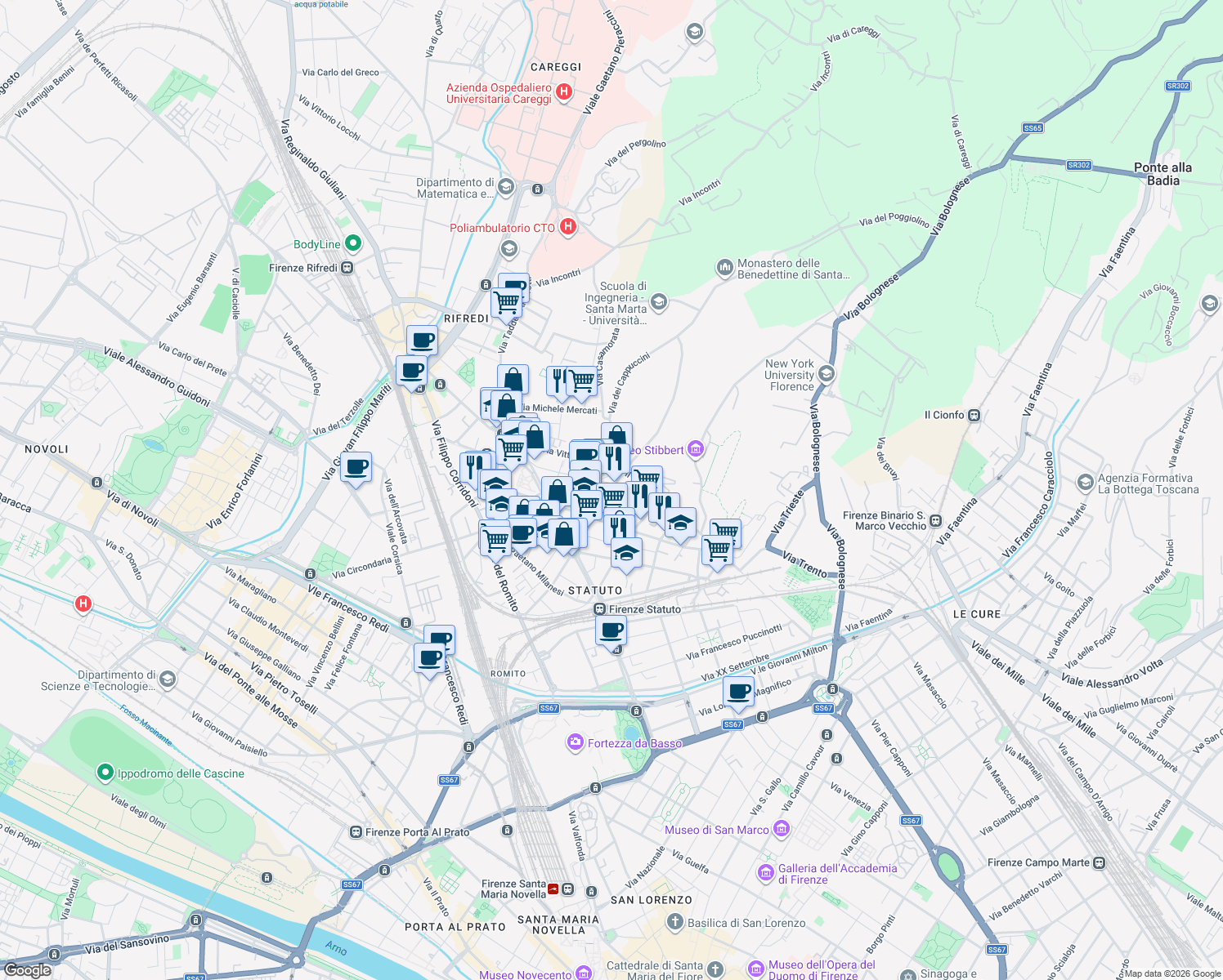 map of restaurants, bars, coffee shops, grocery stores, and more near 18 Via Alfredo Oriani in Firenze