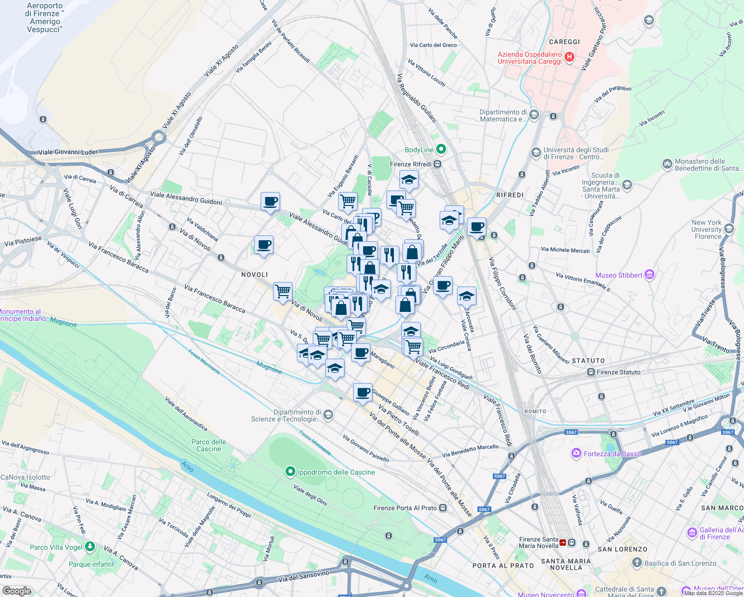 map of restaurants, bars, coffee shops, grocery stores, and more near in Florence