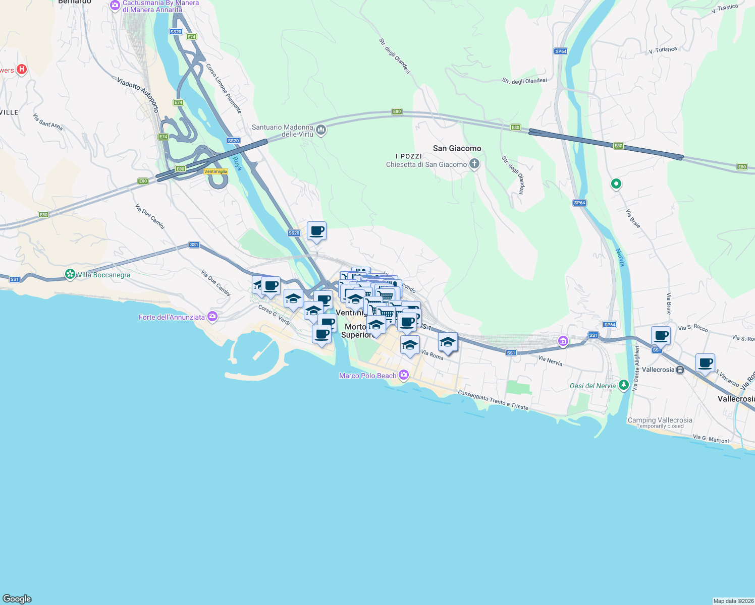 map of restaurants, bars, coffee shops, grocery stores, and more near 45 Via Camillo Benso Conte di Cavour in Ventimiglia