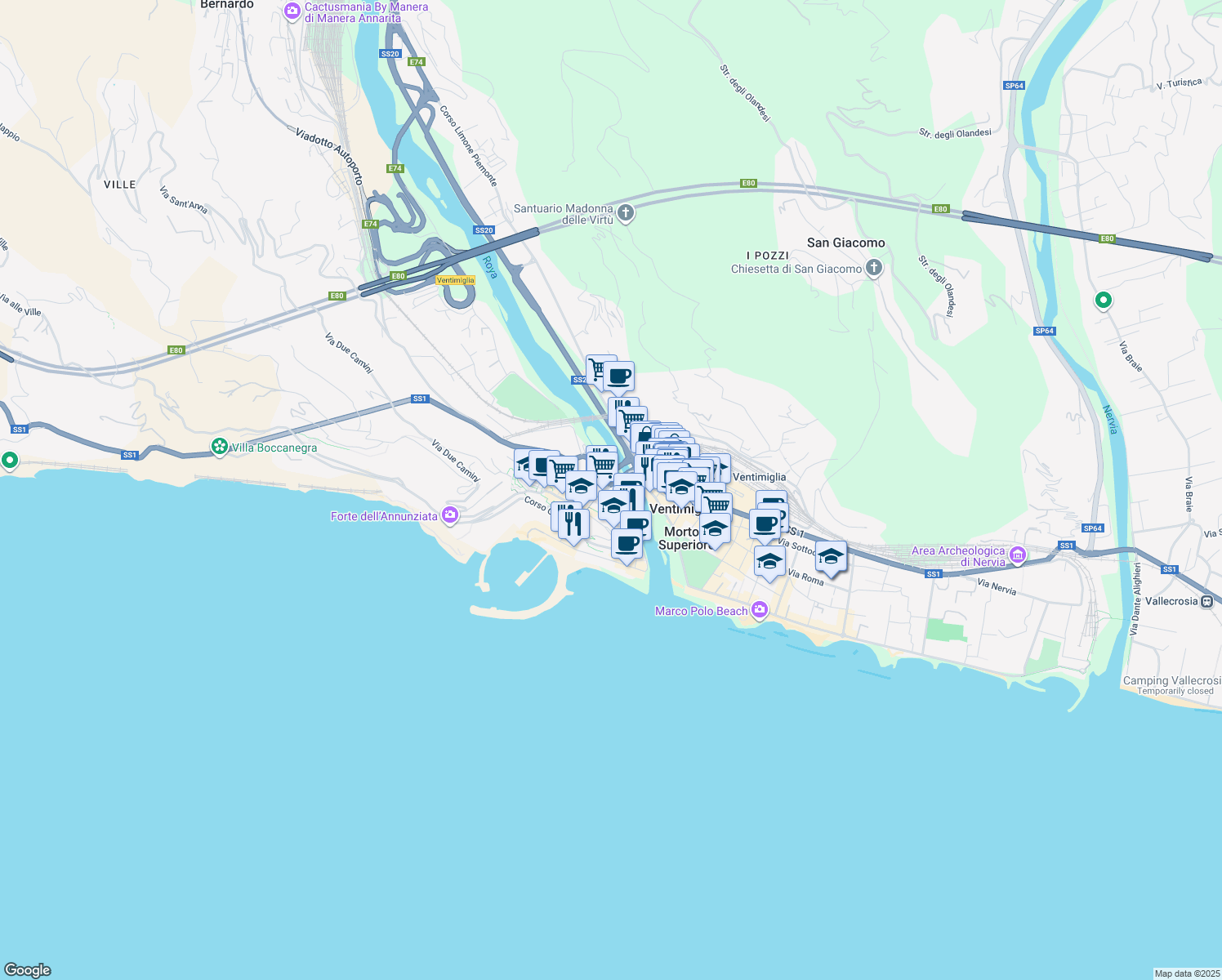 map of restaurants, bars, coffee shops, grocery stores, and more near 2 Piazza della Costituente in Ventimiglia